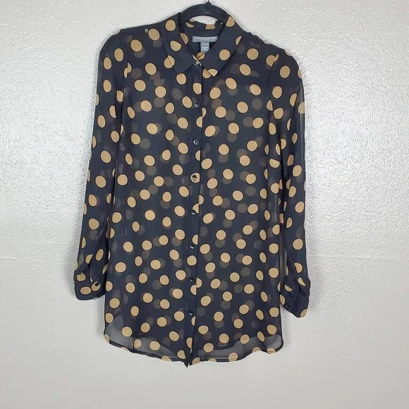 A Pea in the Pod Maternity Black/Tan Polka Dot Chiffon Button Front Blouse S - Picture 1 of 4
